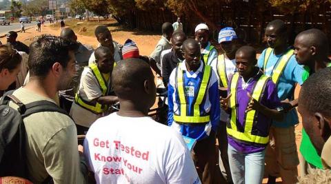Nowras, Emily and George conducting a peer education session educating bicycle taxi operators about HIV and AIDS, STI’s, HTC and positive living Nowras, Emily and George conducting a peer education session educating bicycle taxi operators about HIV and AIDS, STI’s, HTC and positive living